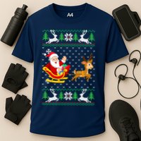 Santa And Reindeer Ugly Christmas Cooling Performance Crew T-Shirt