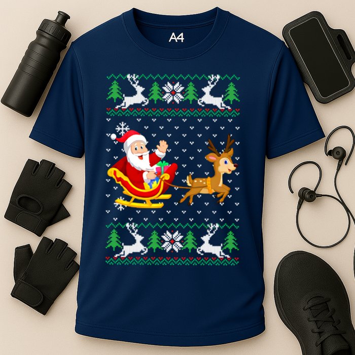 Santa And Reindeer Ugly Christmas Cooling Performance Crew T-Shirt