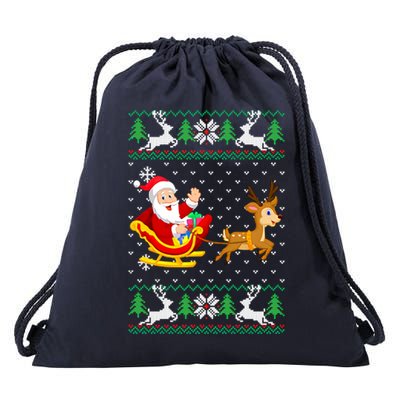 Santa And Reindeer Ugly Christmas Drawstring Bag