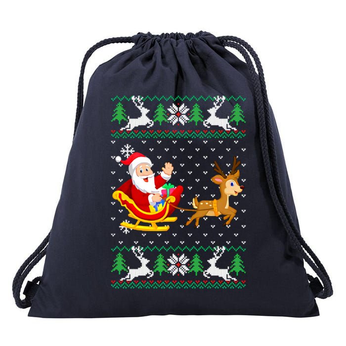 Santa And Reindeer Ugly Christmas Drawstring Bag