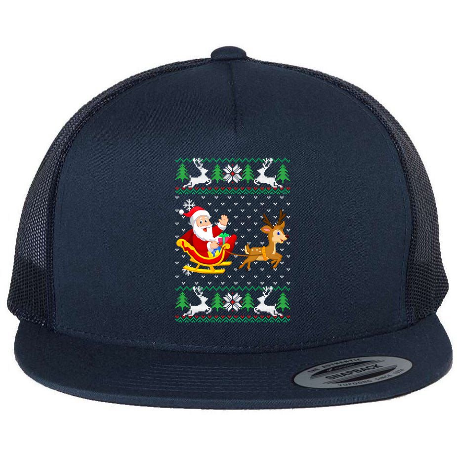 Santa And Reindeer Ugly Christmas Flat Bill Trucker Hat