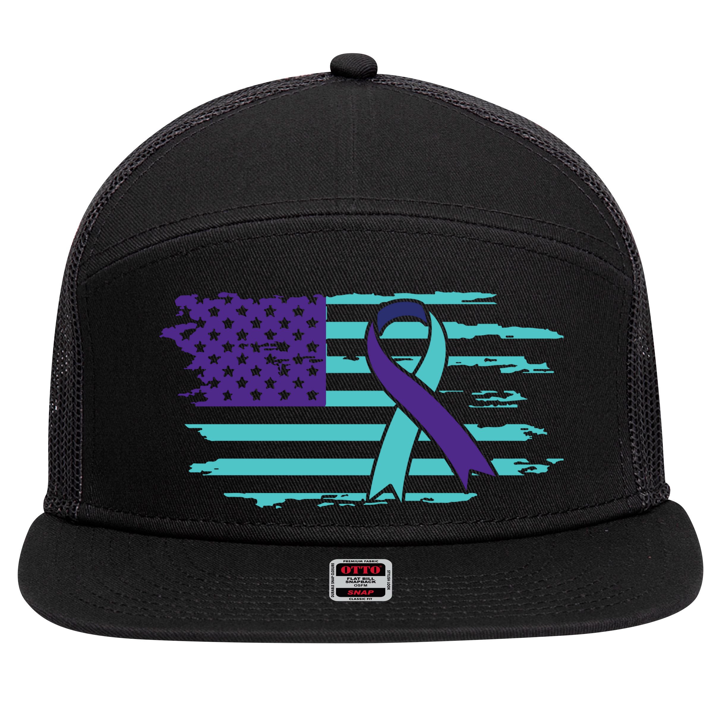Suicide Awareness Ribbon American Flag 7 Panel Mesh Trucker Snapback Hat
