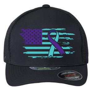 Suicide Awareness Ribbon American Flag Flexfit Unipanel Trucker Cap