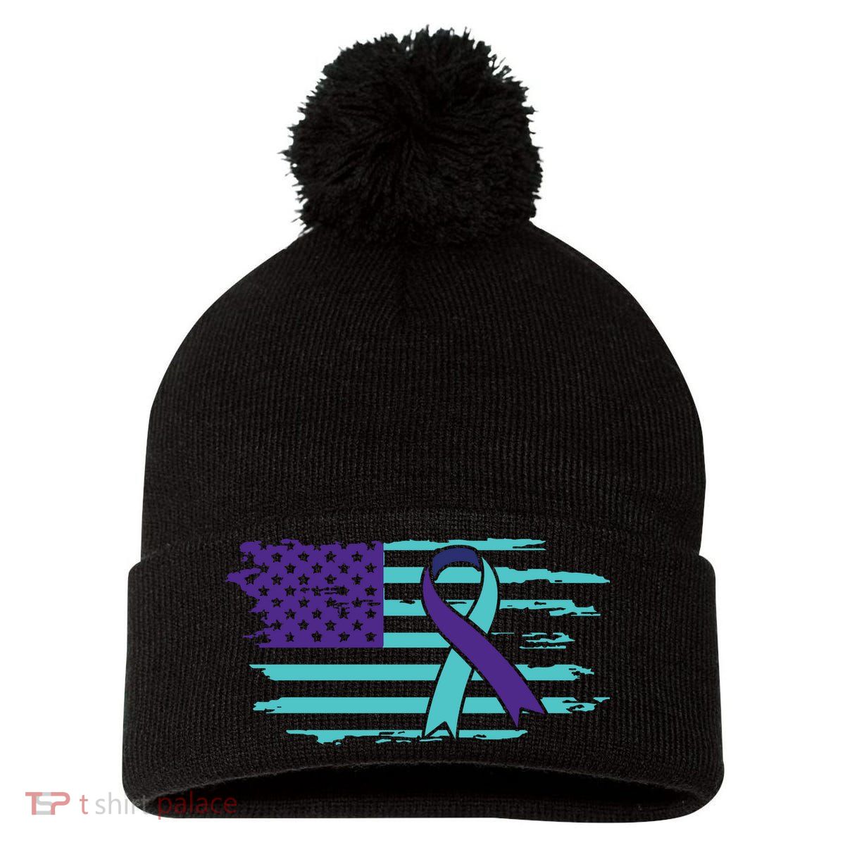 Suicide Awareness Ribbon American Flag Pom Pom 12in Knit Beanie