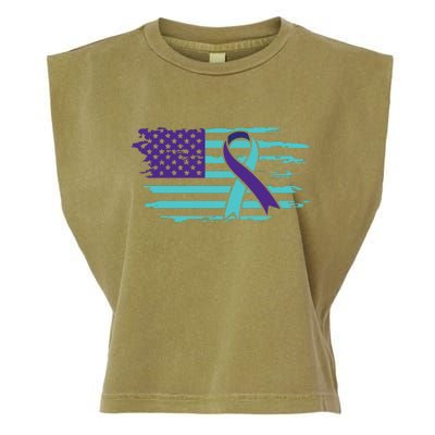 Suicide Awareness Ribbon American Flag Garment-Dyed Women's Muscle Tee