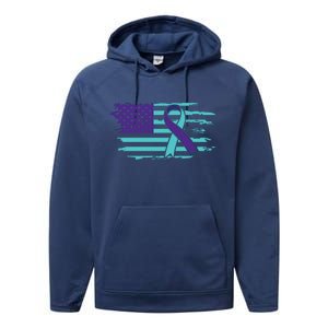 Suicide Awareness Ribbon American Flag Performance Fleece Hoodie