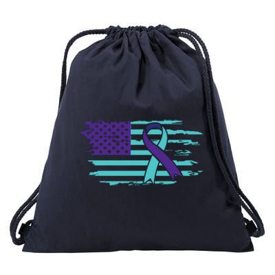 Suicide Awareness Ribbon American Flag Drawstring Bag