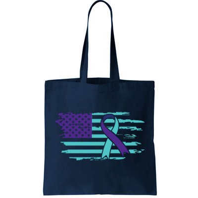 Suicide Awareness Ribbon American Flag Tote Bag