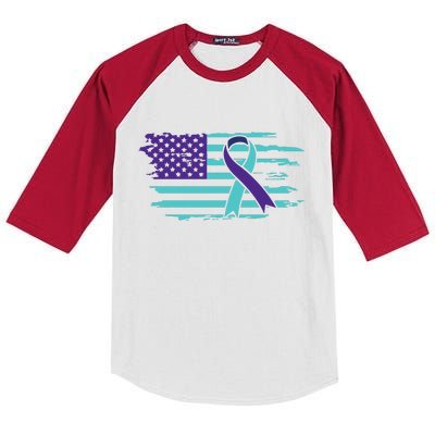 Suicide Awareness Ribbon American Flag Kids Colorblock Raglan Jersey