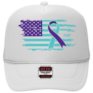 Suicide Awareness Ribbon American Flag High Crown Mesh Back Trucker Hat