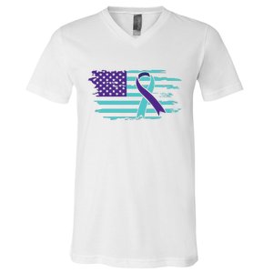 Suicide Awareness Ribbon American Flag V-Neck T-Shirt