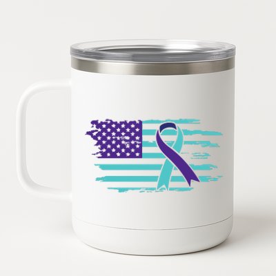 Suicide Awareness Ribbon American Flag 12 oz Stainless Steel Tumbler Cup