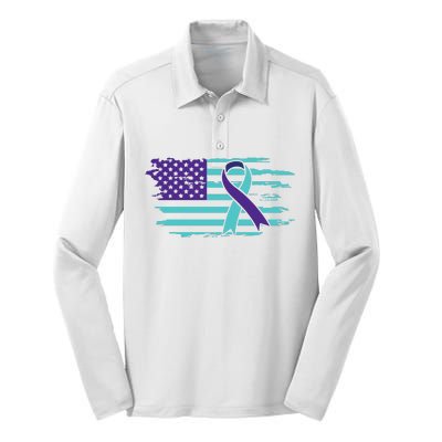 Suicide Awareness Ribbon American Flag Silk Touch Performance Long Sleeve Polo