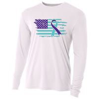 Suicide Awareness Ribbon American Flag Cooling Performance Long Sleeve Crew