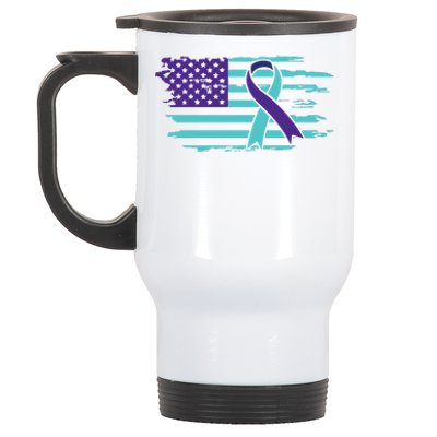 Suicide Awareness Ribbon American Flag Stainless Steel Travel Mug