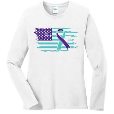 Suicide Awareness Ribbon American Flag Ladies Long Sleeve Shirt