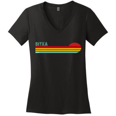 Sitka Alaska Retro Sunset Women's V-Neck T-Shirt
