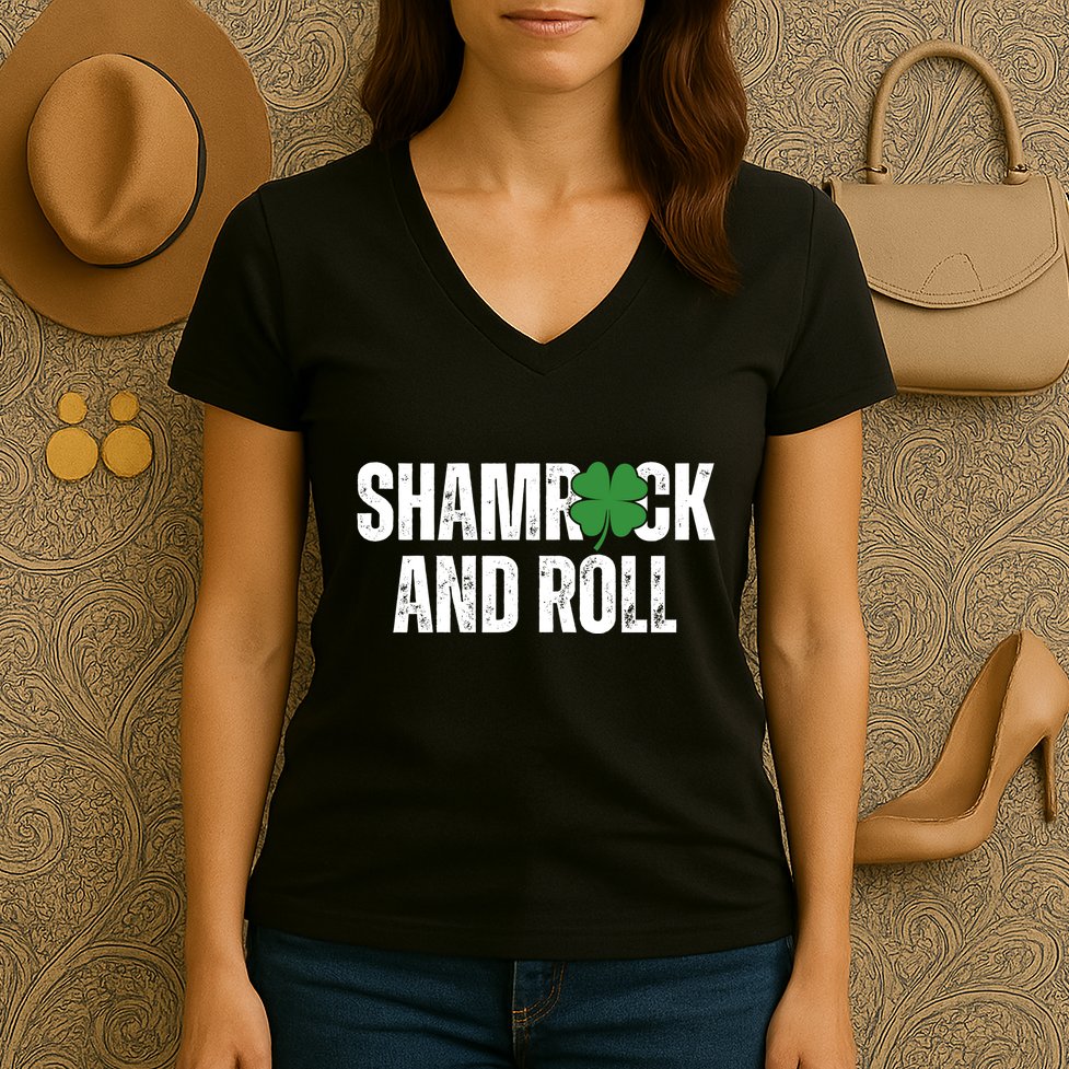 Shamrock And Roll St Patricks Day Women's V-Neck T-Shirt