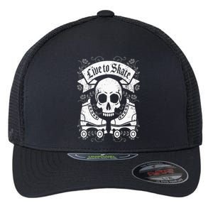 Skull And Roller Skates Live To Skate Goth Punk Roller Derby Flexfit Unipanel Trucker Cap