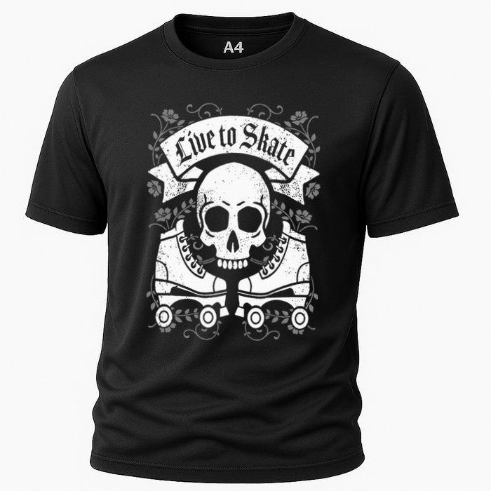 Skull And Roller Skates Live To Skate Goth Punk Roller Derby Cooling Performance Crew T-Shirt