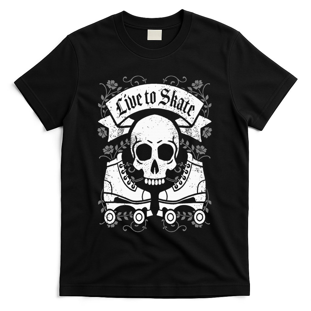Skull And Roller Skates Live To Skate Goth Punk Roller Derby T-Shirt