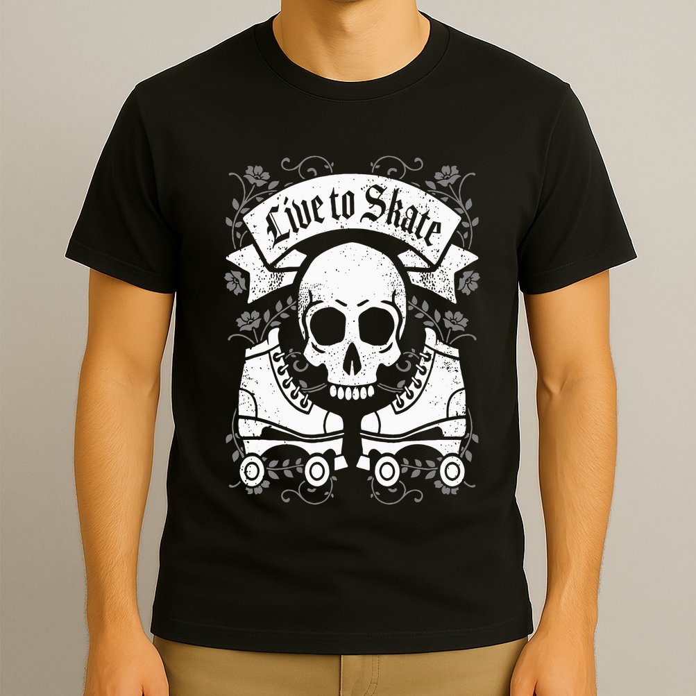 Skull And Roller Skates Live To Skate Goth Punk Roller Derby T-Shirt