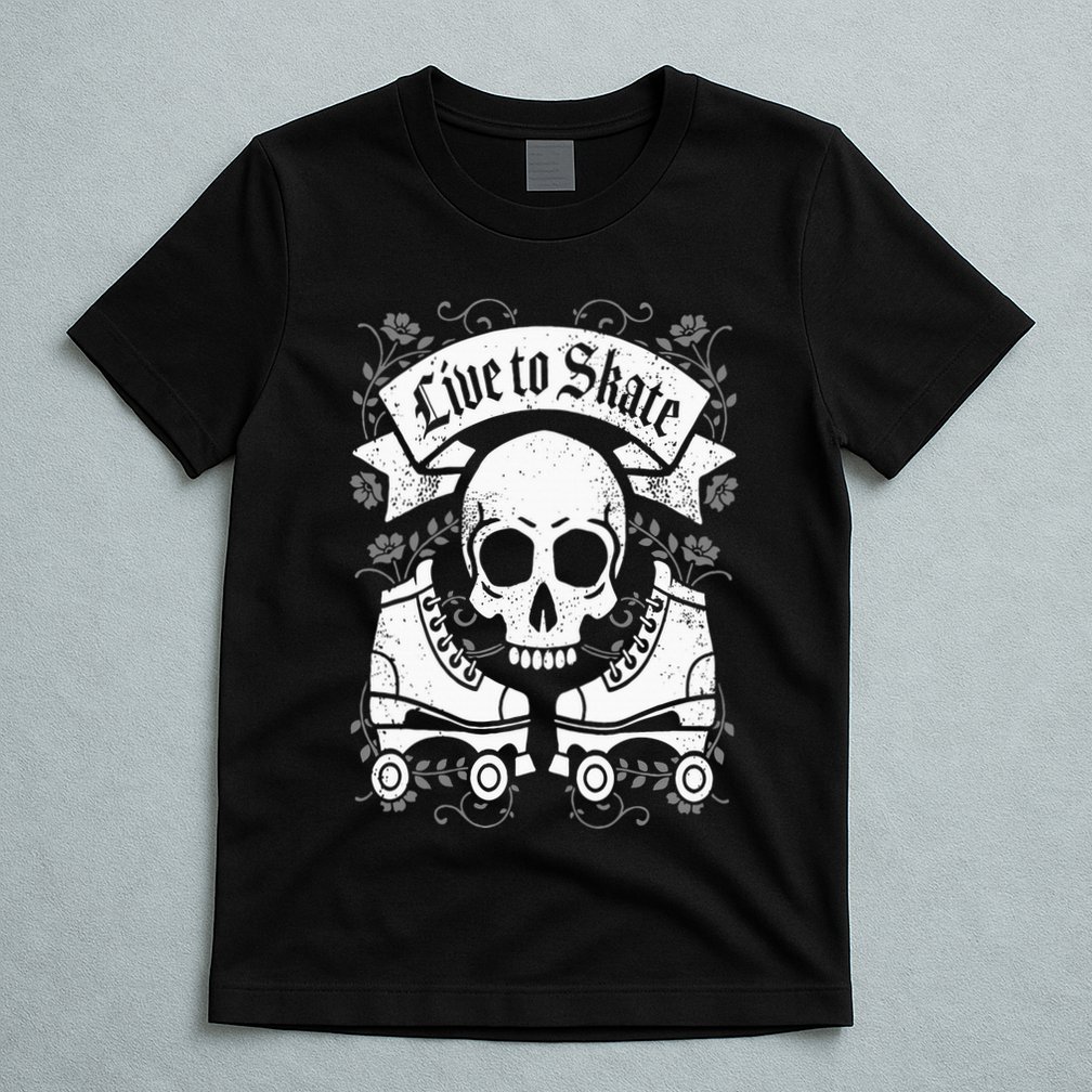Skull And Roller Skates Live To Skate Goth Punk Roller Derby T-Shirt