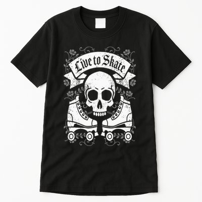 Skull And Roller Skates Live To Skate Goth Punk Roller Derby Tall T-Shirt