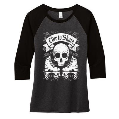Skull And Roller Skates Live To Skate Goth Punk Roller Derby Women's Tri-Blend 3/4-Sleeve Raglan Shirt