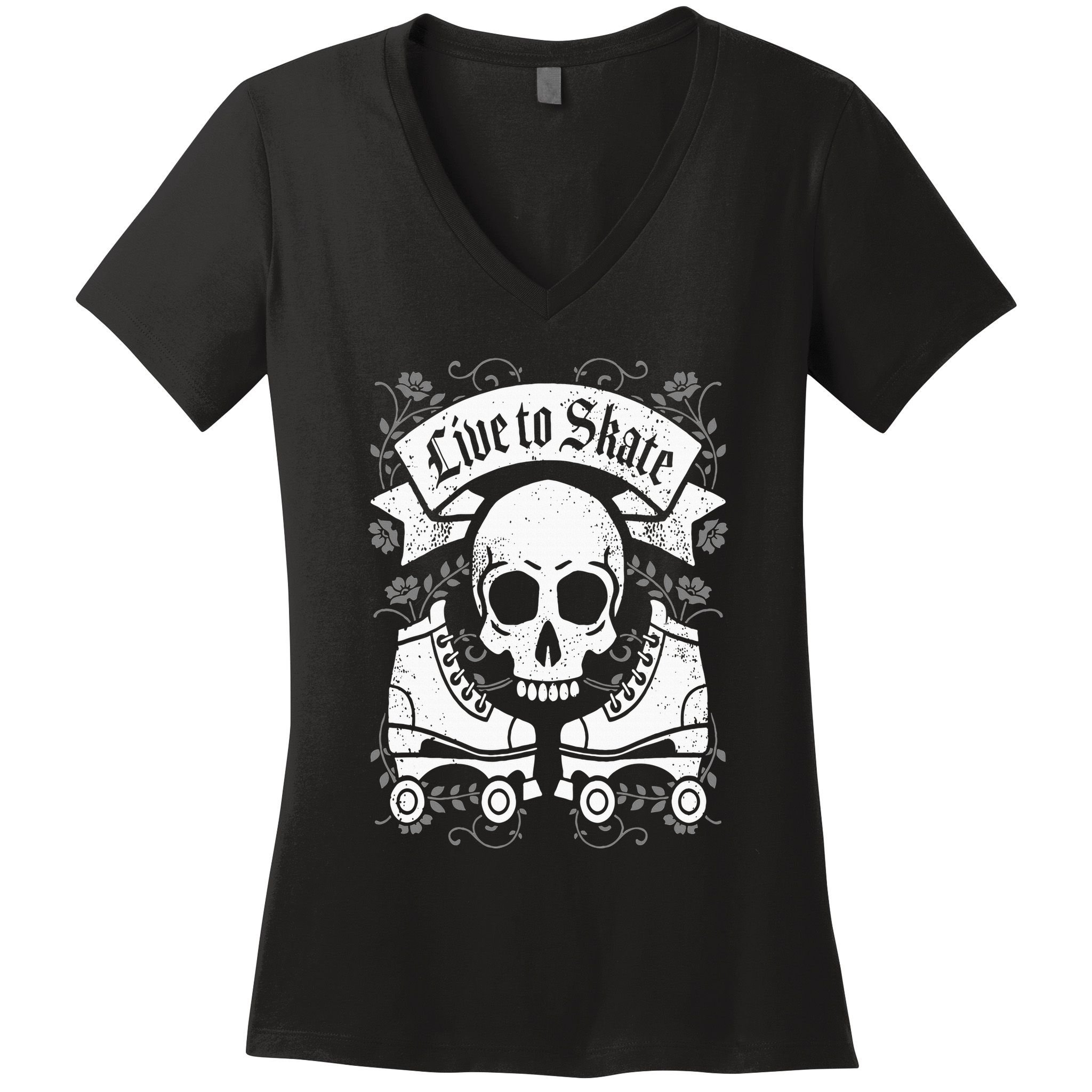Skull And Roller Skates Live To Skate Goth Punk Roller Derby Women's V-Neck T-Shirt