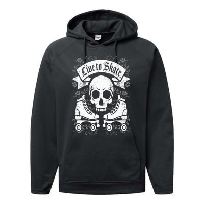 Skull And Roller Skates Live To Skate Goth Punk Roller Derby Performance Fleece Hoodie