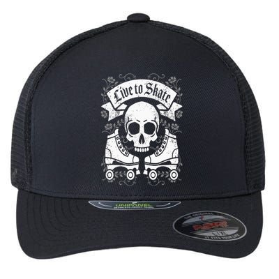 Skull And Roller Skates Live To Skate Goth Punk Roller Derby Flexfit Unipanel Trucker Cap