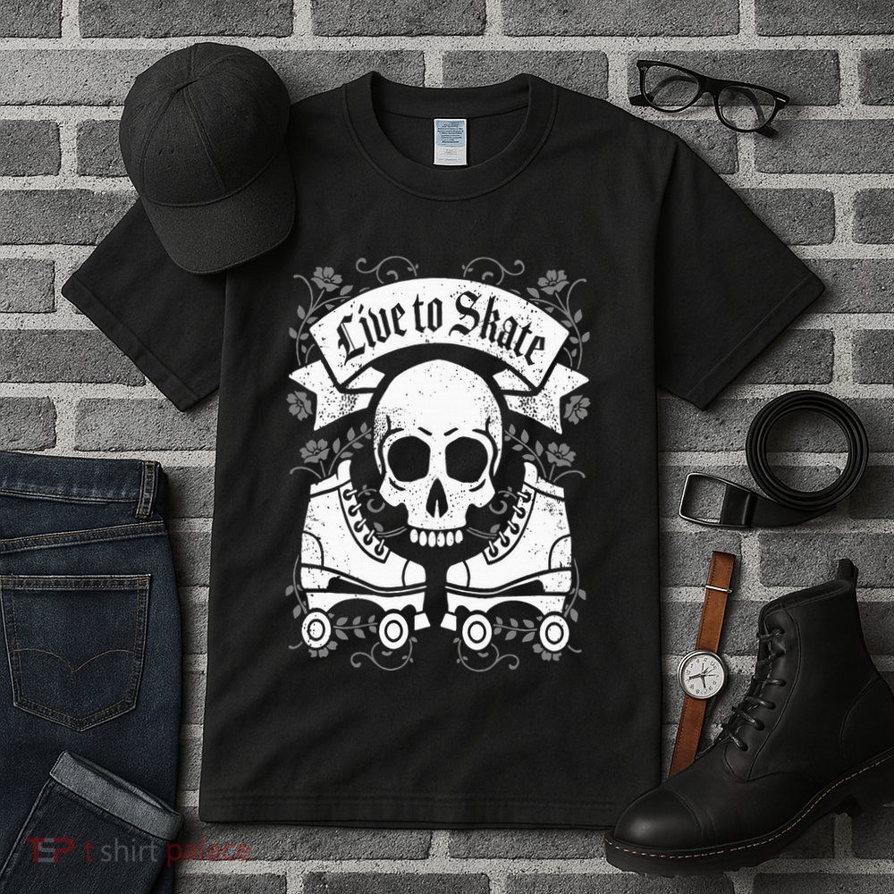 Skull And Roller Skates Live To Skate Goth Punk Roller Derby Tall T-Shirt
