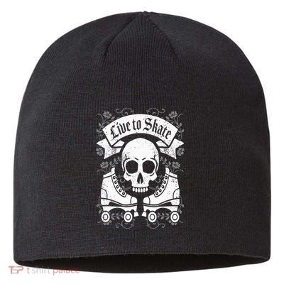 Skull And Roller Skates Live To Skate Goth Punk Roller Derby Sustainable Beanie