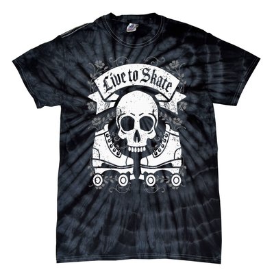 Skull And Roller Skates Live To Skate Goth Punk Roller Derby Tie-Dye T-Shirt