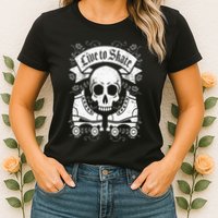 Skull And Roller Skates Live To Skate Goth Punk Roller Derby Womens T-Shirt