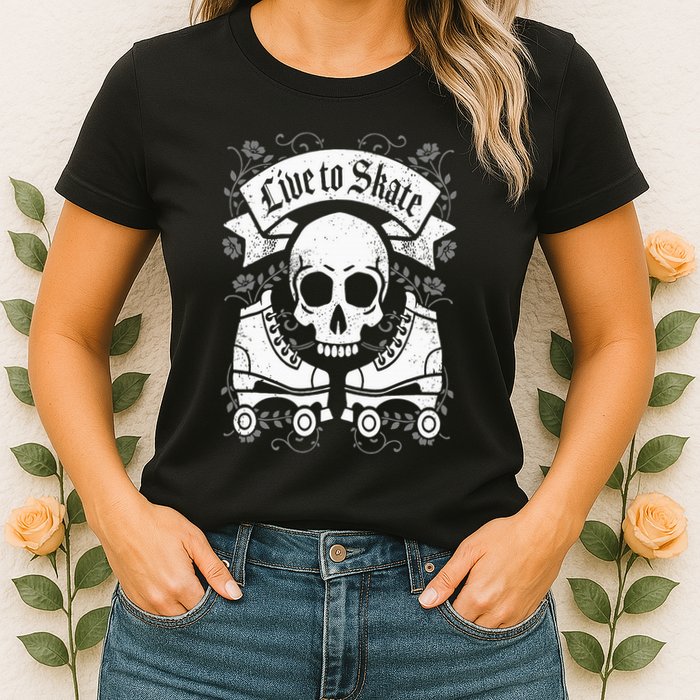 Skull And Roller Skates Live To Skate Goth Punk Roller Derby Womens T-Shirt
