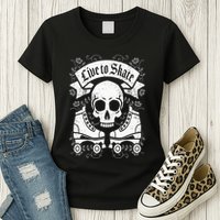 Skull And Roller Skates Live To Skate Goth Punk Roller Derby Womens T-Shirt
