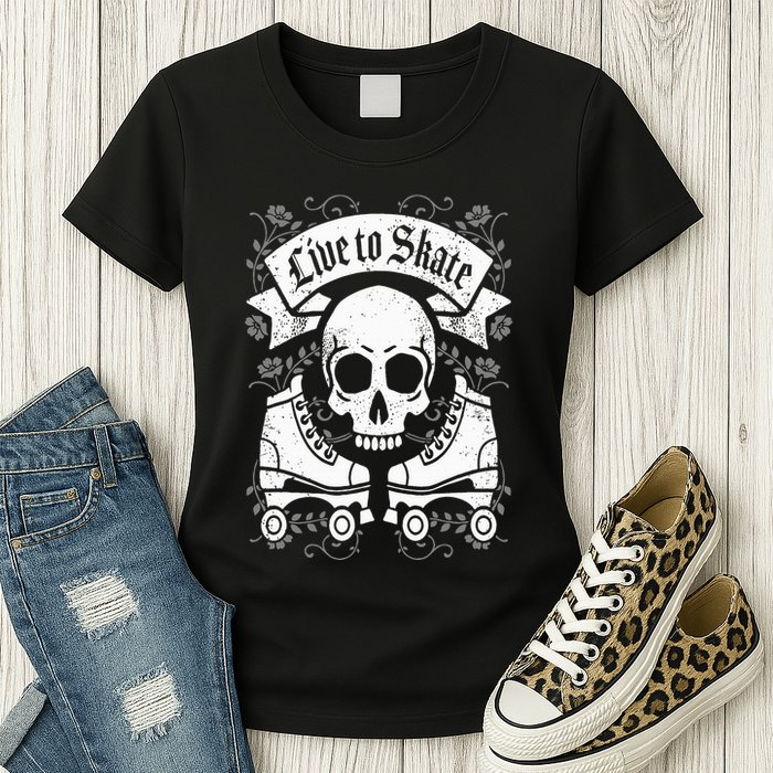 Skull And Roller Skates Live To Skate Goth Punk Roller Derby Womens T-Shirt