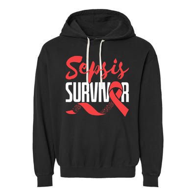 Sepsis Awareness  Red Ribbon  Sepsis Survivor Garment-Dyed Fleece Hoodie