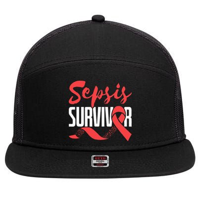 Sepsis Awareness  Red Ribbon  Sepsis Survivor 7 Panel Mesh Trucker Snapback Hat