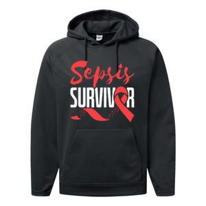 Sepsis Awareness  Red Ribbon  Sepsis Survivor Performance Fleece Hoodie