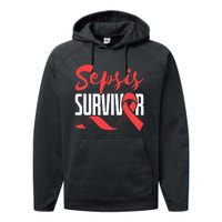 Sepsis Awareness  Red Ribbon  Sepsis Survivor Performance Fleece Hoodie