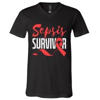 Sepsis Awareness  Red Ribbon  Sepsis Survivor V-Neck T-Shirt