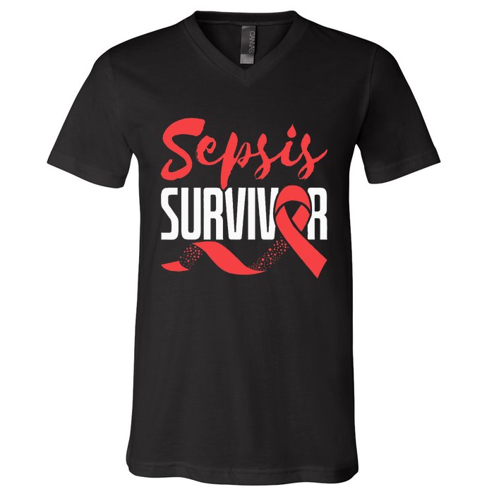 Sepsis Awareness  Red Ribbon  Sepsis Survivor V-Neck T-Shirt