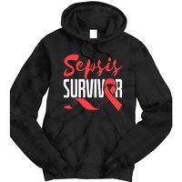 Sepsis Awareness  Red Ribbon  Sepsis Survivor Tie Dye Hoodie