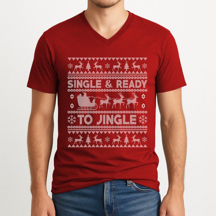 Single And Ready To Jingle Funny Ugly Christmas Sweater V-Neck T-Shirt