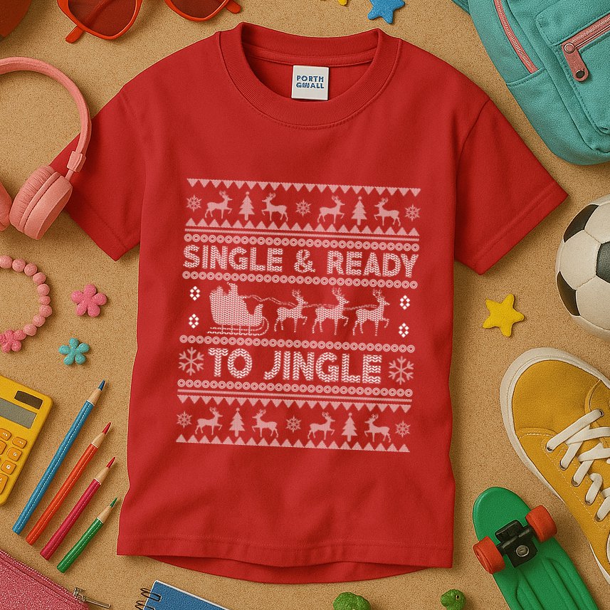 Single And Ready To Jingle Funny Ugly Christmas Sweater Kids T-Shirt