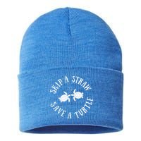 Skip A Straw Save A Turtle Cute Turtle Graphic Gift Sustainable Knit Beanie