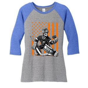 Spooky American Skeleton Ice Hockey Goalie Halloween Usa Funny Gift Women's Tri-Blend 3/4-Sleeve Raglan Shirt